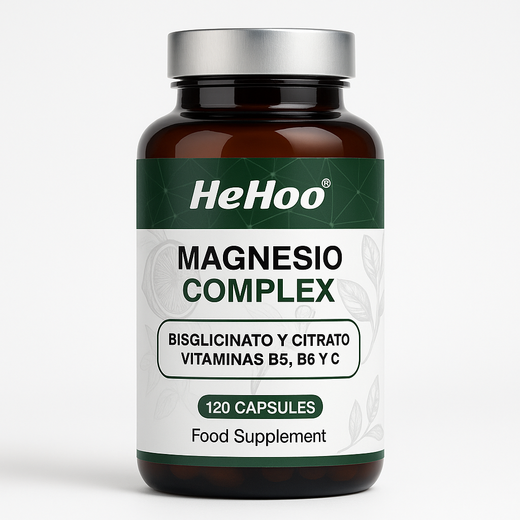 HeHoo Magnesium Complex 120 Capsules – Magnesium Bisglycinate (11.7%) & Citrate (15%) – with Vitamins C, B6 & B5 – High Dose & Highly Bioavailable – For Muscles, Nerves & Energy – Vegan