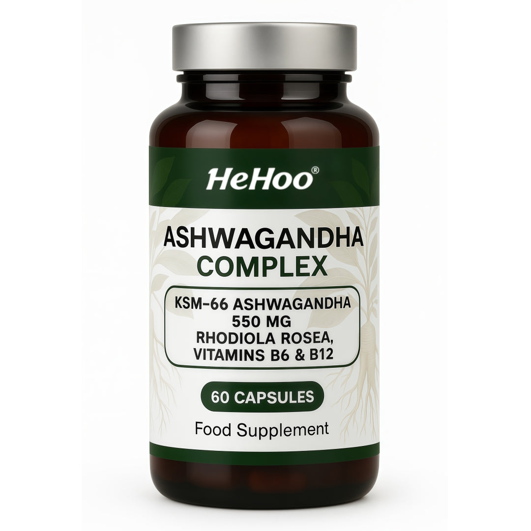HeHoo Ashwagandha KSM-66 550mg Complex – 60 Capsules – with Rhodiola Rosea, Vitamin B6 & B12 – High Dose, Vegan, Lab Tested – For Stress, Energy & Focus – Adaptogen Dietary Supplement