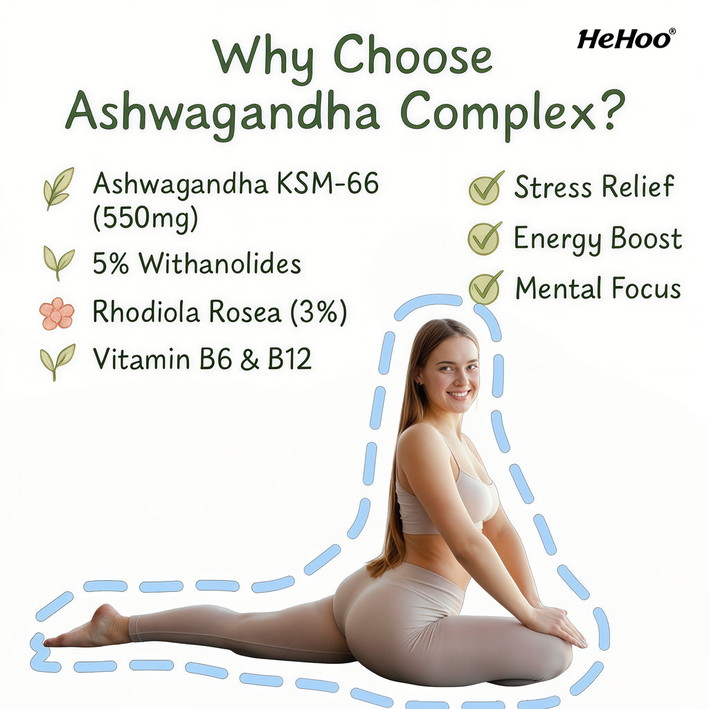 HeHoo Ashwagandha KSM-66 550mg Complex – 60 Capsules – with Rhodiola Rosea, Vitamin B6 & B12 – High Dose, Vegan, Lab Tested – For Stress, Energy & Focus – Adaptogen Dietary Supplement