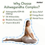 HeHoo Ashwagandha KSM-66 550mg Complex – 60 Capsules – with Rhodiola Rosea, Vitamin B6 & B12 – High Dose, Vegan, Lab Tested – For Stress, Energy & Focus – Adaptogen Dietary Supplement