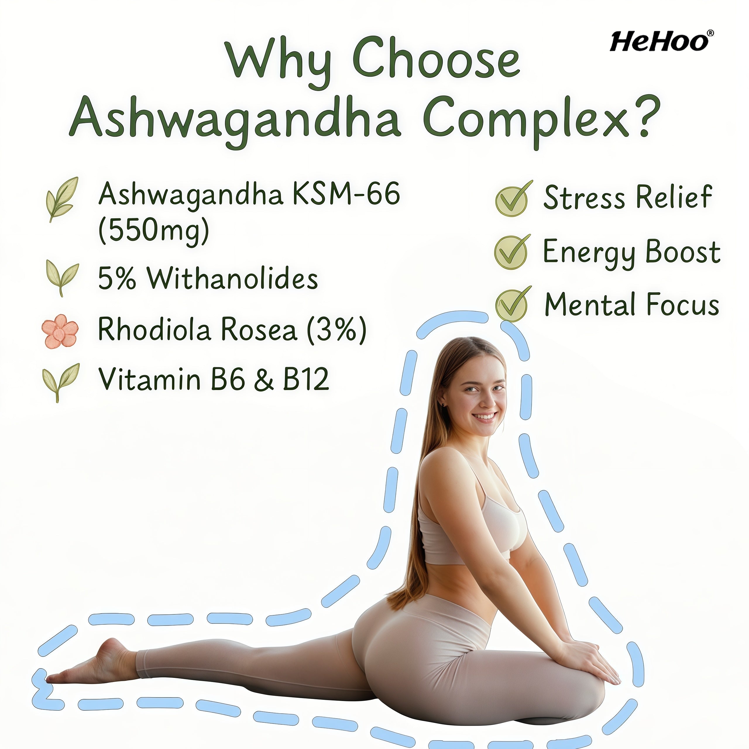 HeHoo Ashwagandha KSM-66 550mg Complex – 60 Capsules – with Rhodiola Rosea, Vitamin B6 & B12 – High Dose, Vegan, Lab Tested – For Stress, Energy & Focus – Adaptogen Dietary Supplement