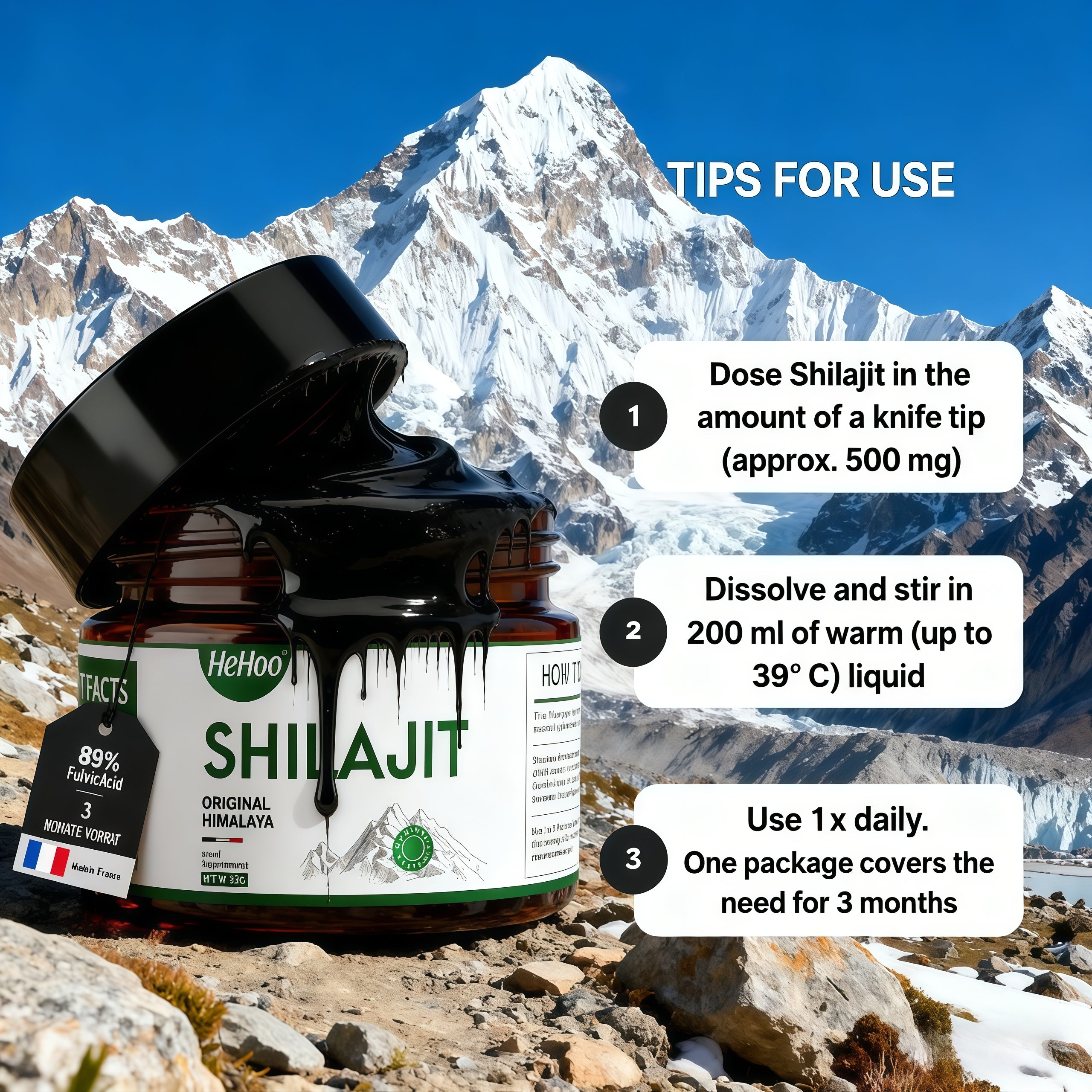 HeHoo Shilajit Original Himalayan Shilajit – Resin 35g, over 89% fulvic acid, natural mumijo with humic acid and minerals, no additives, laboratory tested in France, stainless steel measuring spoon included