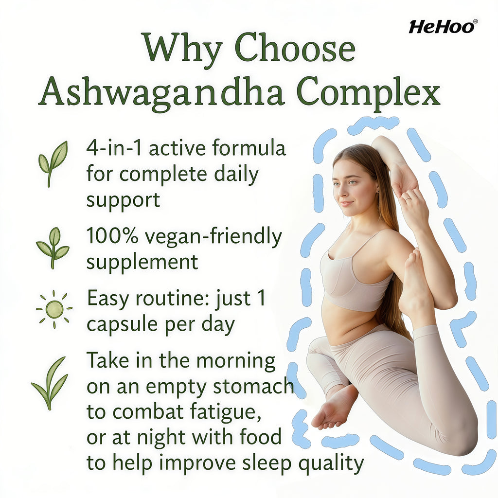 HeHoo Ashwagandha KSM-66 550mg Complex – 60 Capsules – with Rhodiola Rosea, Vitamin B6 & B12 – High Dose, Vegan, Lab Tested – For Stress, Energy & Focus – Adaptogen Dietary Supplement