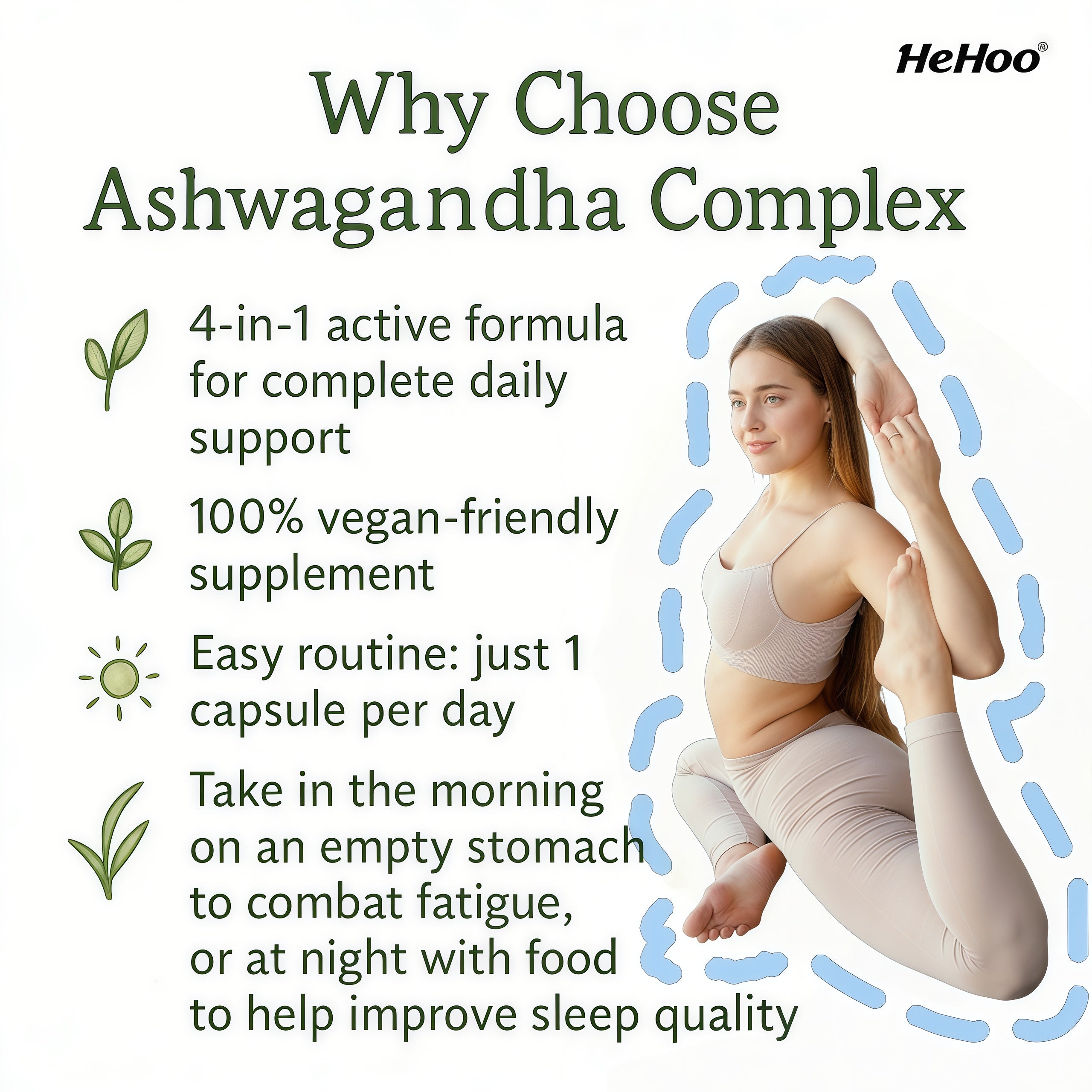 HeHoo Ashwagandha KSM-66 550mg Complex – 60 Capsules – with Rhodiola Rosea, Vitamin B6 & B12 – High Dose, Vegan, Lab Tested – For Stress, Energy & Focus – Adaptogen Dietary Supplement