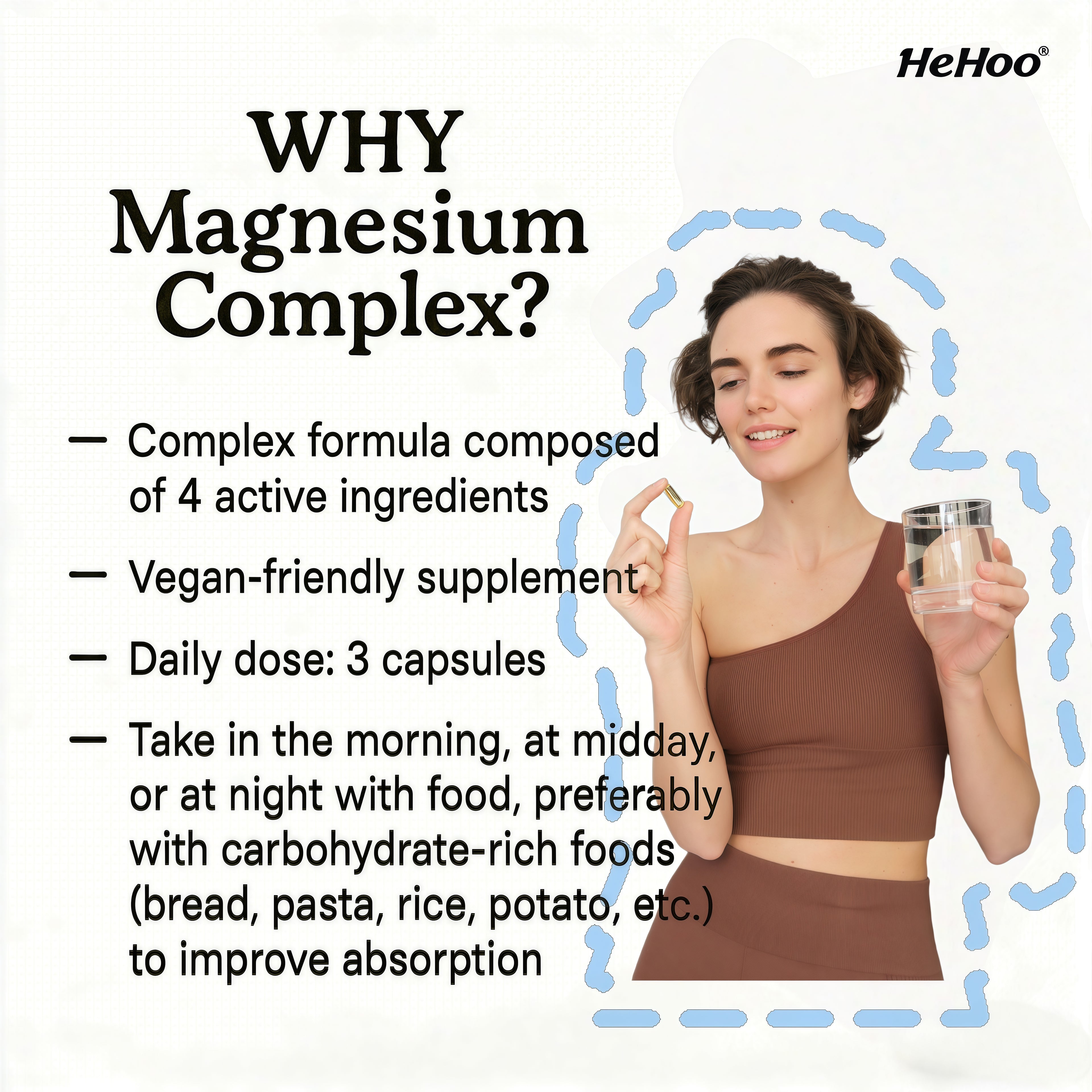 HeHoo Magnesium Complex 120 Capsules – Magnesium Bisglycinate (11.7%) & Citrate (15%) – with Vitamins C, B6 & B5 – High Dose & Highly Bioavailable – For Muscles, Nerves & Energy – Vegan