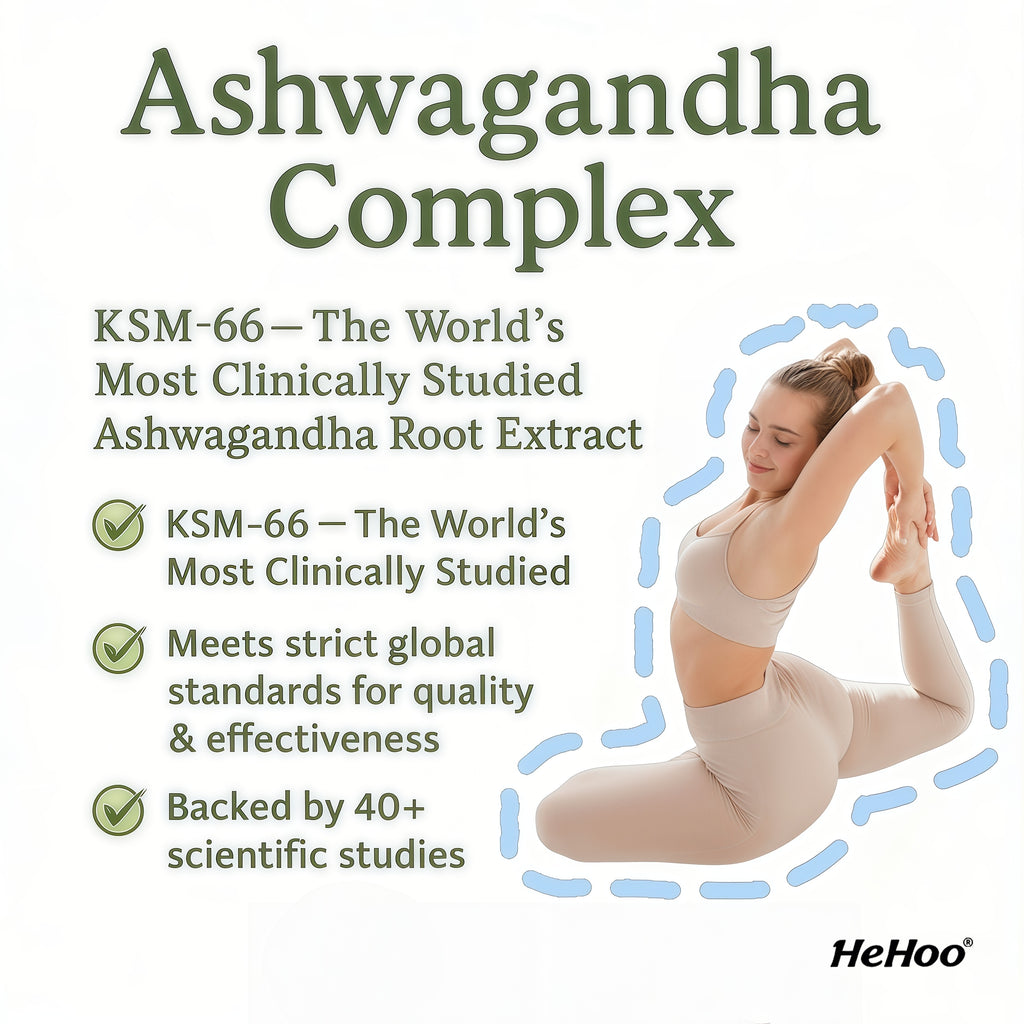 HeHoo Ashwagandha KSM-66 550mg Complex – 60 Capsules – with Rhodiola Rosea, Vitamin B6 & B12 – High Dose, Vegan, Lab Tested – For Stress, Energy & Focus – Adaptogen Dietary Supplement
