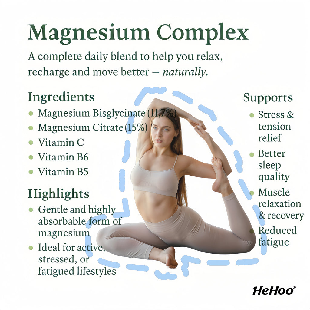 HeHoo Magnesium Complex 120 Capsules – Magnesium Bisglycinate (11.7%) & Citrate (15%) – with Vitamins C, B6 & B5 – High Dose & Highly Bioavailable – For Muscles, Nerves & Energy – Vegan