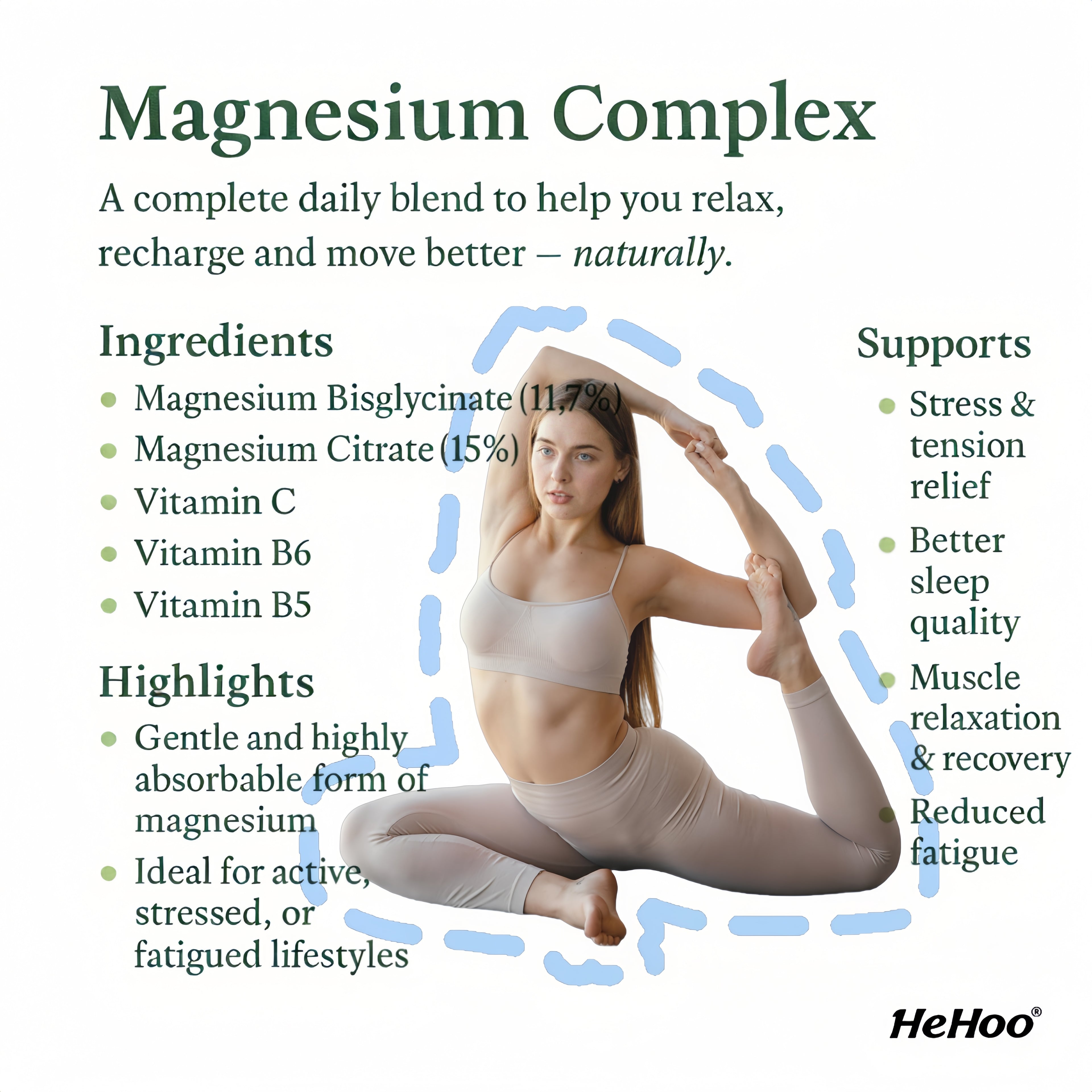 HeHoo Magnesium Complex 120 Capsules – Magnesium Bisglycinate (11.7%) & Citrate (15%) – with Vitamins C, B6 & B5 – High Dose & Highly Bioavailable – For Muscles, Nerves & Energy – Vegan
