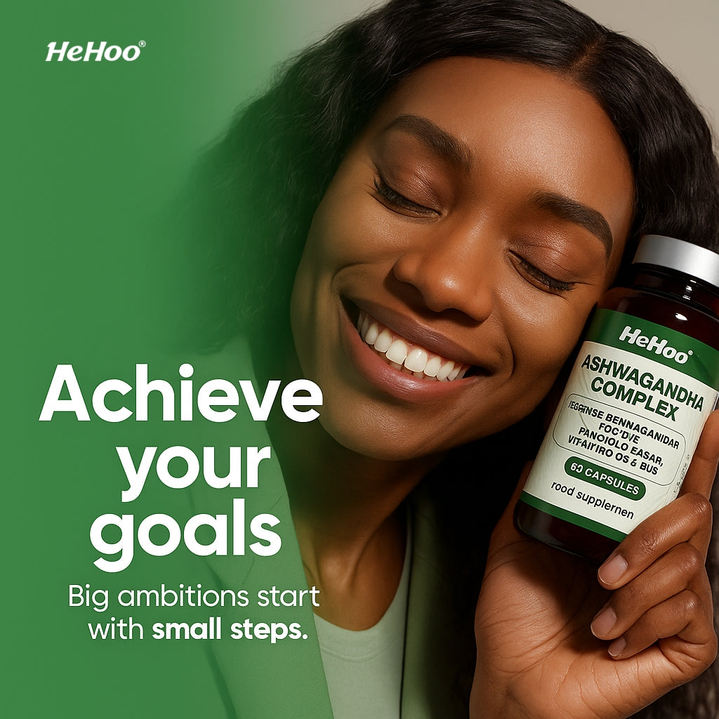 HeHoo Ashwagandha KSM-66 550mg Complex – 60 Capsules – with Rhodiola Rosea, Vitamin B6 & B12 – High Dose, Vegan, Lab Tested – For Stress, Energy & Focus – Adaptogen Dietary Supplement