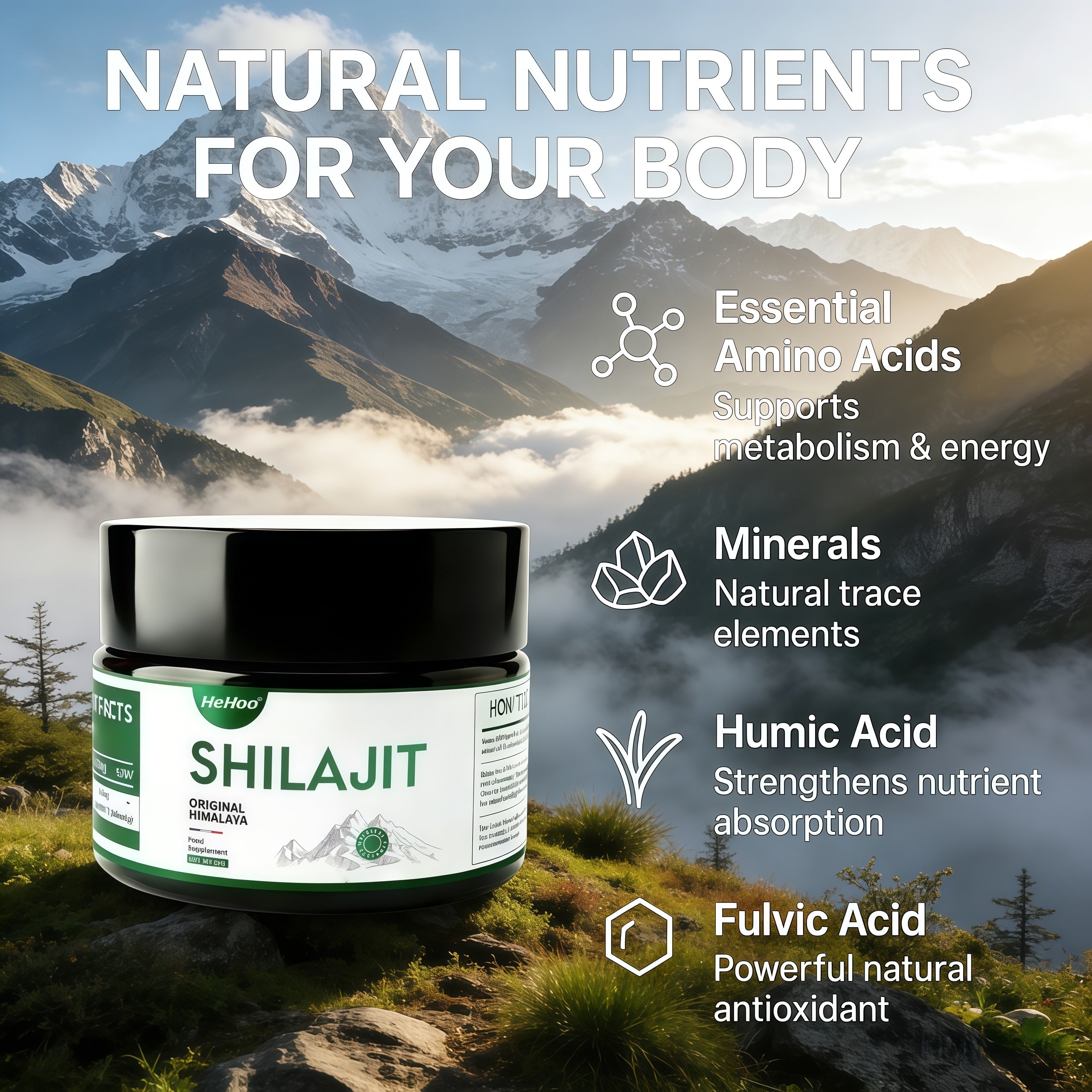 HeHoo Shilajit Original Himalayan Shilajit – Resin 35g, over 89% fulvic acid, natural mumijo with humic acid and minerals, no additives, laboratory tested in France, stainless steel measuring spoon included
